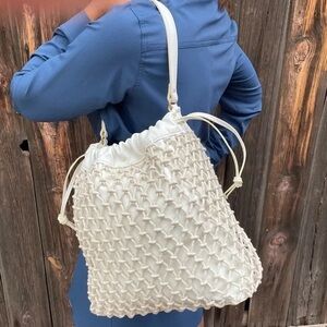 ELIZABETH AND JAMES White Knotted Mesh Crochet Look Leather Bucket Bag